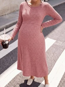 GentleRue Maternity Maternity Long Sleeve Round Neck Double Layer Top A-Line Hem Ribbed Fabric Dress Fall Homewear Breastfeeding Pink Casual Cropped - Dusty Pink - View 5
