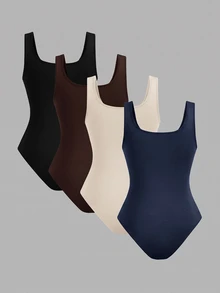 SHEIN EZwear Plus Size Simple Casual Bodysuit 4-Piece Set - Navy Blue - View 2