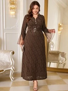 Reflora فستان حفلة مقاس كبير من الدانتيل بأسلوب فرنسي مع أزرار لؤلؤية مزيفة - بني - مشاهدة 6
