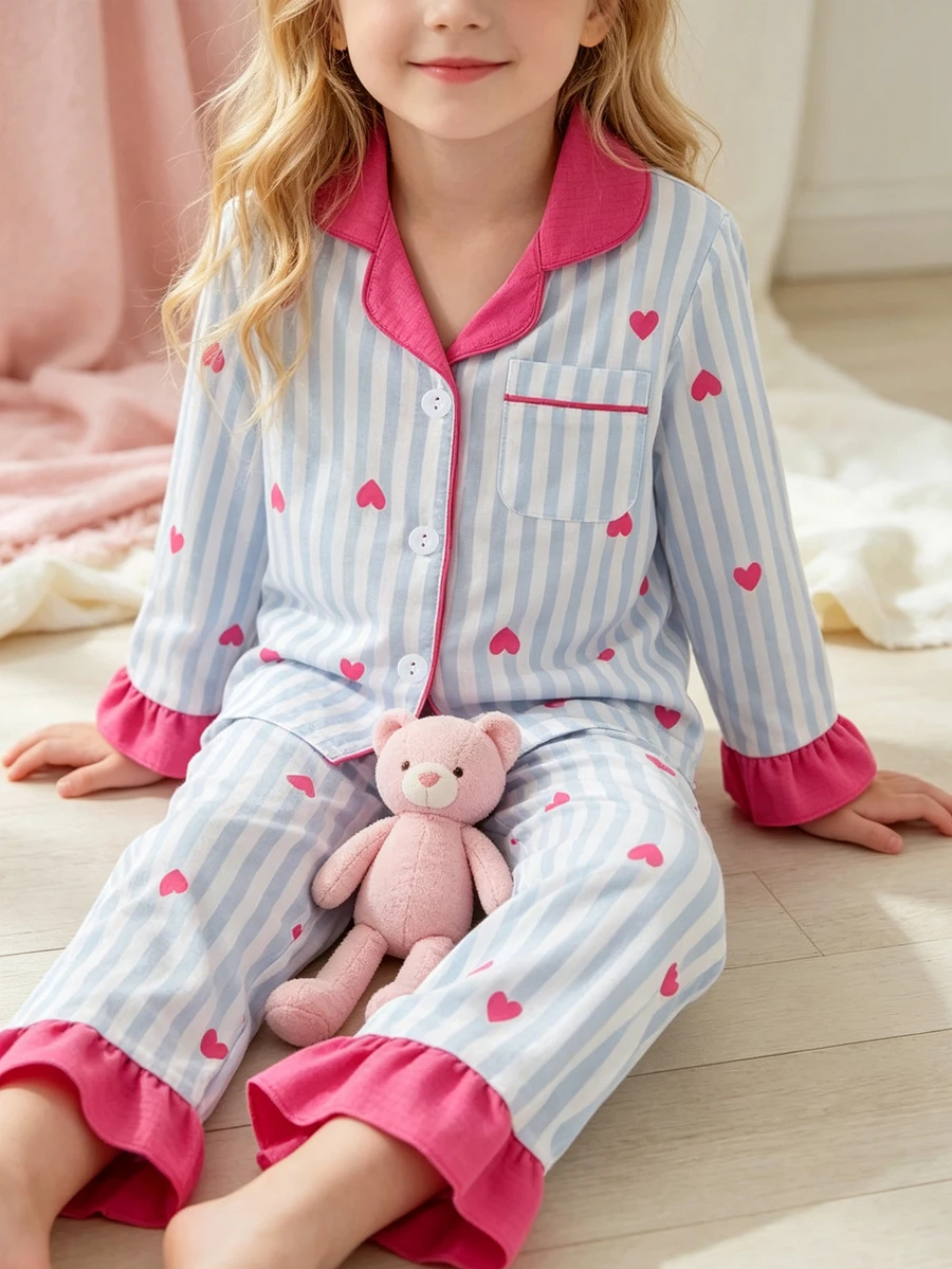 SHEIN Young Girl Heart Stripe Print Top And Ruffle Hem Pants Pajama Set - Multicolor - View 1