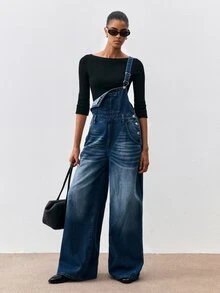 ATUI Studio Women's Loose Wide Leg Casual Versatile Denim Overalls With Pockets - Medium Wash - View 9