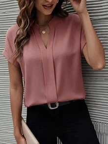 SHEIN Clasi 純色V領休閒寬鬆短袖上衣，適合日常穿著，夏季百搭上衣 - 藕粉色 - 查看 1