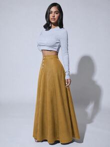 SHEIN SXY 女款休閒牛仔裙，鈕扣腰頭 - 黃色 - 查看 4