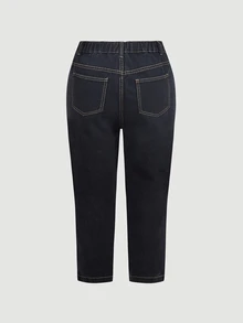 LUMIGAL Plus Size Women's Casual Cropped Jeans With Pocket And Vintage Button Design - Black - View 6