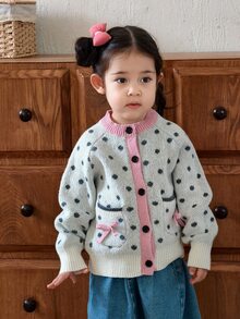 DAZY Infant (Girl) Round Neck Polka Dot Autumn/Winter Long Sleeve Cardigan - Apricot - View 3
