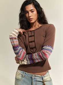 SHEIN Women's Spring/Autumn Soft Solid Color Patchwork Printed Sleeve Fitted Daily Bohemian Style Long Sleeve Top - Coffee Brown - View 5