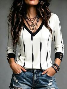 SHEINBlues Women's Striped V-Neck Button Cuff Casual T-Shirt - Multicolor - View 1