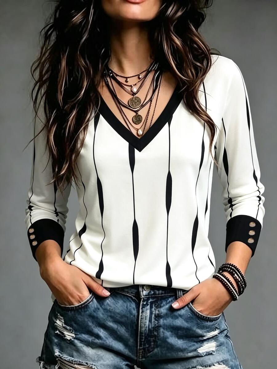 SHEINBlues Women's Striped V-Neck Button Cuff Casual T-Shirt - Multicolor - View 1
