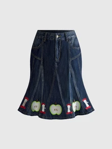 ROMWE Kawaii Vintage Women's Y2K Millennium Retro Versatile Apple Embroidered Washed Blue Mid-Length Denim Skirt - Dark Wash - View 1