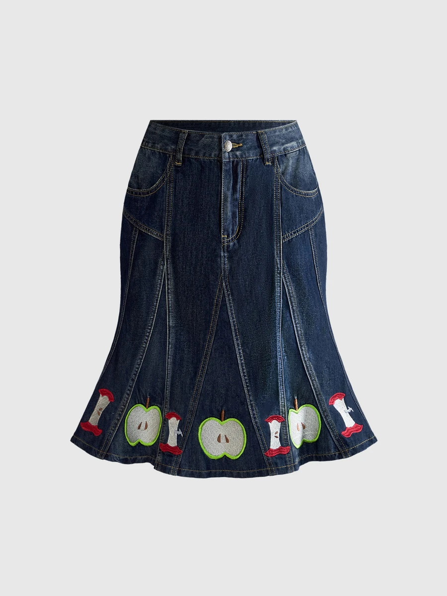 ROMWE Kawaii Vintage Women's Y2K Millennium Retro Versatile Apple Embroidered Washed Blue Mid-Length Denim Skirt - Dark Wash - View 1
