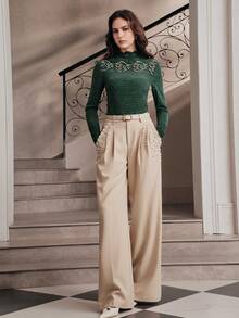 Anewsta Dark Green Lace Beaded Patchwork Knit Fitted Long Sleeve Women's T-Shirt - Dark Green - View 5