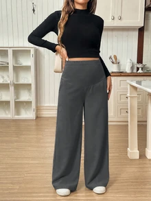 SHEIN 孕婦純色可調腰寬腿寬鬆休閒長褲 - 深灰色 - 查看 4