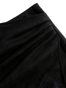 Sweetra Women's Retro Hot Girl Style Suede Texture Hem Lace Trim Shorts - Black - View 4