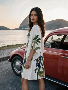 CAJUNI Short-Sleeve Dress With Tropical Macaw And Toucan Print - Multicolor - View 3