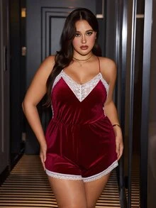 SilkySpell Christmas Style V-Neck Back Criss-Cross Lace Trim Patchwork Korean Fleece Sexy Plus Size Jumpsuit Pajamas - Burgundy - View 4