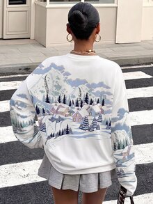 Muchica 95%棉 秋冬雪景印花近似圖案圓領落肩長袖寬鬆版型T恤，適合日常通勤、約會、聚會、秋冬、夏季、派對、婚禮、海灘、畢業典禮等場合 - 彩色 - 查看 2