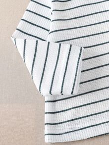 SHEIN Playful Pals 2件組幼兒男童亨利領上衣+長褲，學院風深綠色華夫格條紋鈕扣長袖圓領休閒派對秋季運動腰部款 - 軍綠色 - 查看 7