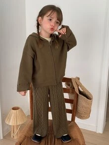 Hapijoa Young Girl Solid Color Zip-Up Hooded Knit Cardigan And Knit Pants Set Winter - Army Green - View 6