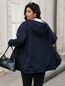 SHEIN Clasi Plus Size Women's Reversible Long Sleeve Zip-Up Drawstring Hooded Jacket - Navy Blue - View 2