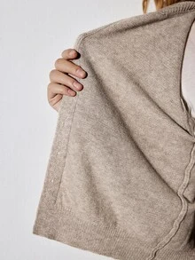 ATUI Studio Slouchy Mixed Yarn Knit Set Women Round Neck Button Cardigan Jacket High Waist Draped Wide Leg Pants 2pcs Set Autumn/Winter Home/Outdoor - Khaki - View 8
