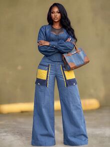 Slaydiva Women's Button Loose Fit Cargo Denim Wide Leg Pants - Blue - View 1