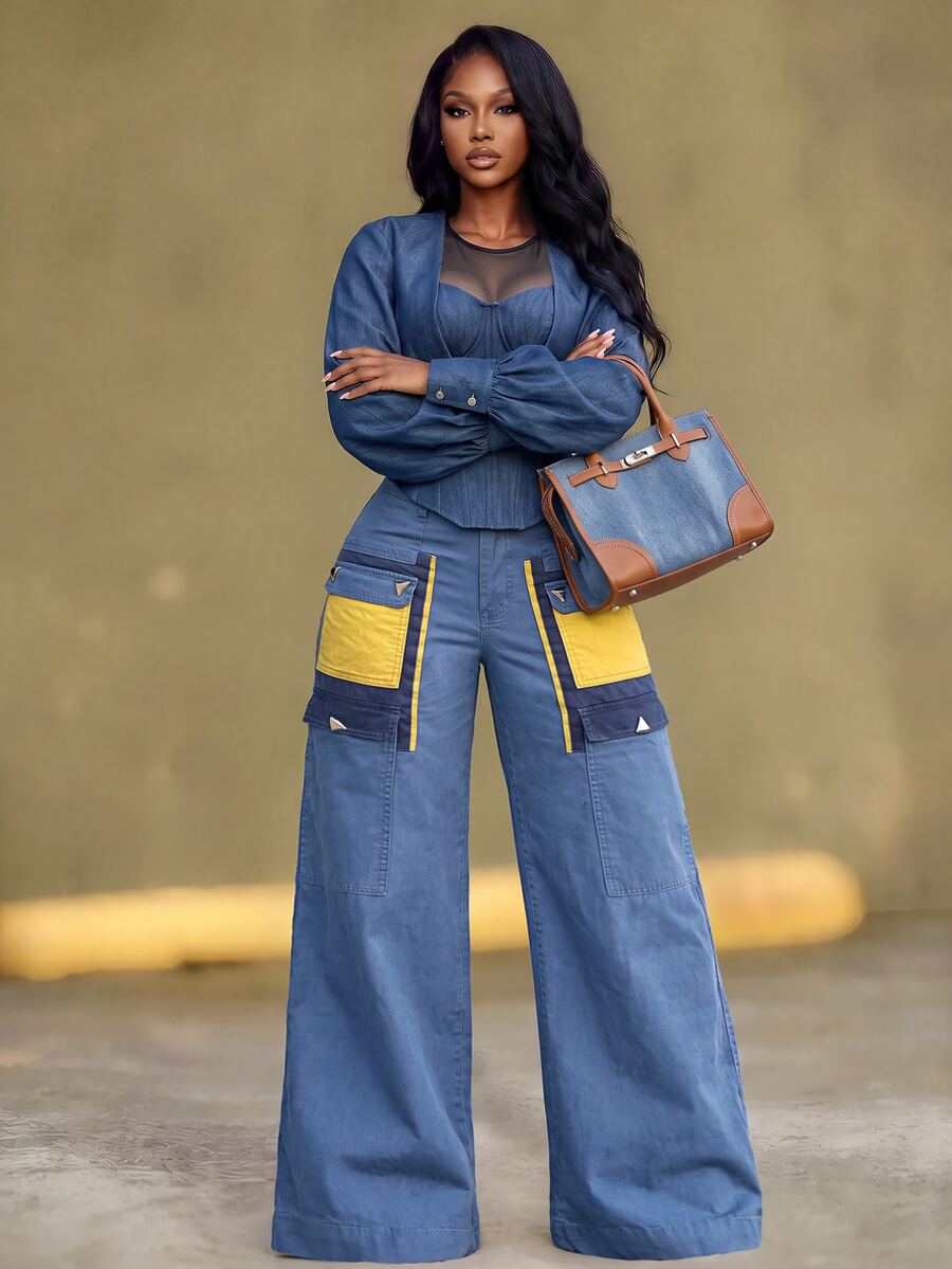 Slaydiva Women's Button Loose Fit Cargo Denim Wide Leg Pants - Blue - View 1
