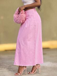 BriallanyX BriallanyX Women's Street Style Button Pocket Raw Hem Denim Skirt - Pink - View 4