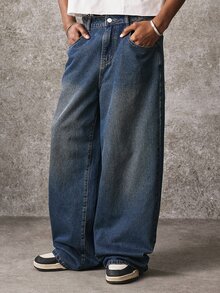 ROMWE MEN Street Life Men's Casual Everyday Travel Denim Jeans With Pocket, Button And Dragon Pattern - Blue - View 7