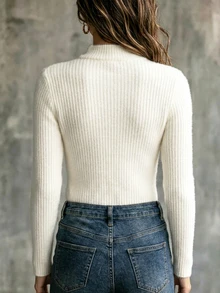 LUMIGAL Women's Solid Color Stand Collar Button Design Long Sleeve Slim Fit T-Shirt - Apricot - View 2