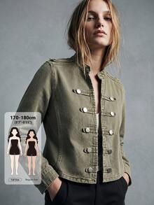 Dazy Tall Women's Casual Denim Jacket With Small Stand Collar - Khaki - View 1