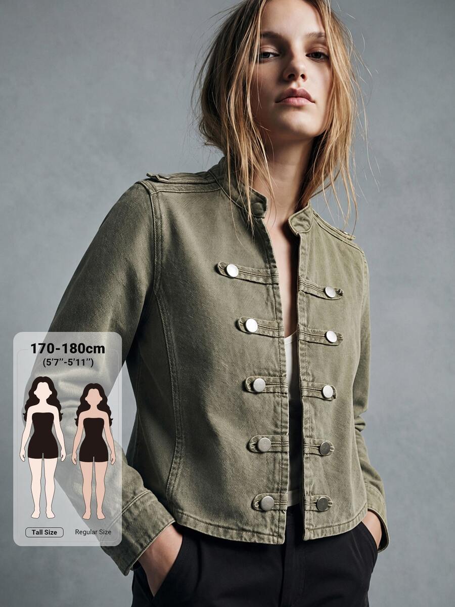 Dazy Tall Women's Casual Denim Jacket With Small Stand Collar - Khaki - View 1