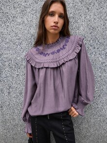 Nöista Blus Longgar Berkerut dengan Bordir Bunga - Dusty Pink - View 4