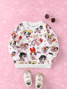 THE POWERPUFF GIRLS X SHEIN Young Girl Cartoon Pattern Casual Daily Long Sleeve Sweatshirt - White - View 1