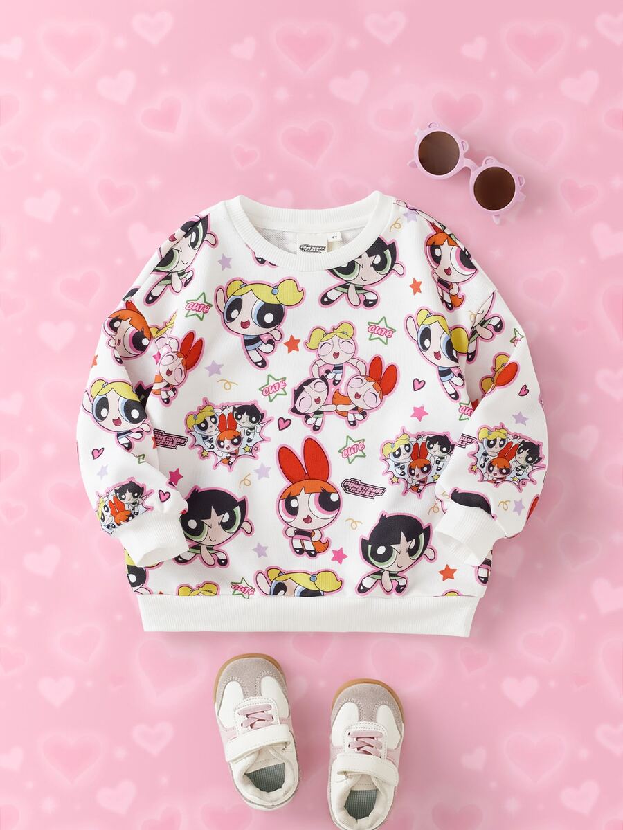THE POWERPUFF GIRLS X SHEIN Young Girl Cartoon Pattern Casual Daily Long Sleeve Sweatshirt - White - View 1