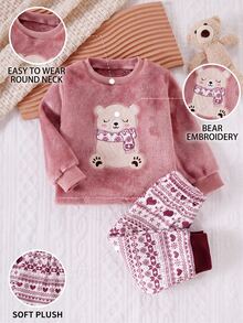 SHEIN Playful Pals 聖誕秋冬保暖內裡加厚幼兒女童可愛熊刺繡深粉色上衣與紫色印花長褲毛絨睡衣套裝 - 紫色 - 查看 1