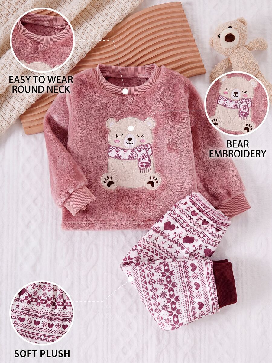 SHEIN Playful Pals 聖誕秋冬保暖內裡加厚幼兒女童可愛熊刺繡深粉色上衣與紫色印花長褲毛絨睡衣套裝 - 紫色 - 查看 1
