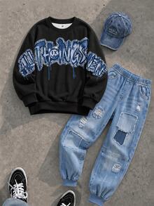 Tween Boy Sweatshirt Set, Basic Pure White Loose Crew Neck Fit, White Ribbed Cuffs And Hem; Large Blue Graffiti Letter Print Across Chest - Black - View 3