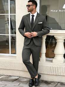 Manfinity Mode Men's Plus Size Business Style Lapel Blazer And Trousers Set - Grey - View 3