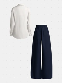 GlowEve Women's Solid Color Pleated Top And Pants Casual Daily 2 Pieces Set - Navy Blue - View 2