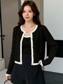 DAZY 女款拼色細肩帶背心上衣與開襟外套休閒兩件套 - 黑色 - 查看 1