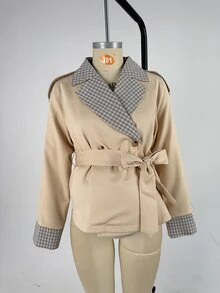 Momance Áo trench ngắn bầu phối cổ caro patchwork màu xám, phong cách công sở thanh lịch, cổ điển, thường ngày cho mùa thu - Màu Khaki - Xem 10