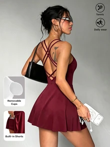 SHEIN Dewbera 女款極簡街頭運動連身裙 - 酒紅色 - 查看 4