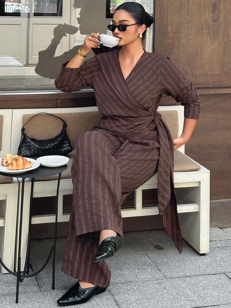 Dazy Plus Fashion Striped Asymmetric Button-Up Shirt And Pants 2 Pieces Set, Playful Commuter Casual Outfit - Rust Brown - View 1