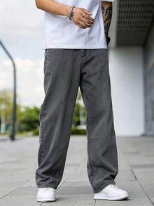 QuarKem 男士寬腿鬆垮休閒百搭牛仔褲，附口袋 - 深灰色 - 查看 4