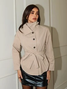 SHEIN Allurite Women's Spring/Autumn Ribbon Stand Collar Trench Coat - Khaki - View 1