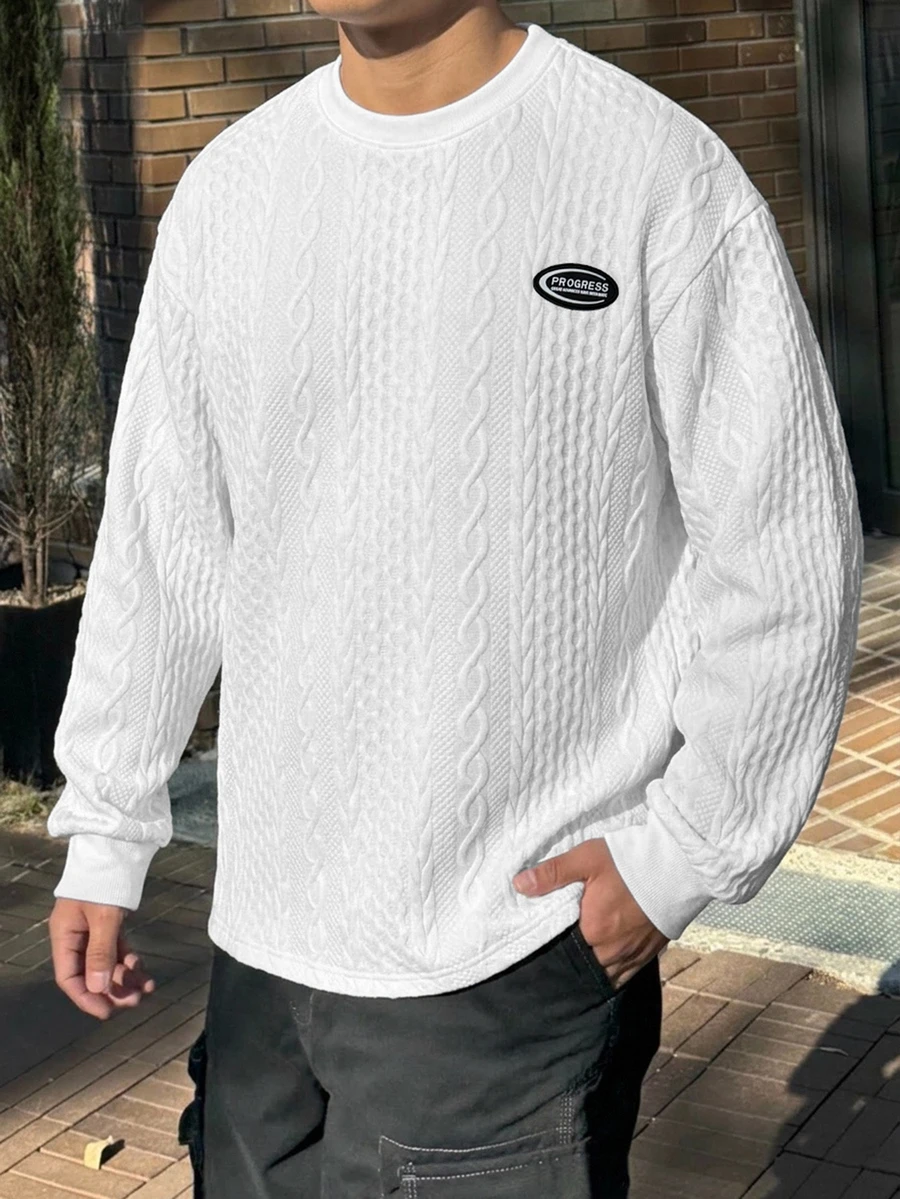 DAZY Men's 3D Braided Embossed Crew Neck Long Sleeve Sweatshirt, Loose Fit Solid Color Pullover - White - View 1