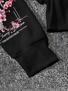Collagica Collagica 女款 Y2K 櫻花、月亮與字母袖印花拉鍊短版連帽外套，長袖抽繩運動衫，哥德風街頭穿搭外套 - 黑色 - 查看 5