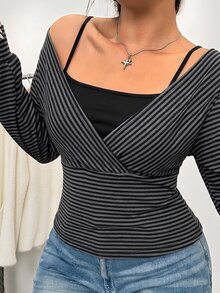 Muchica Plus Size Women's Striped Long Sleeve Casual Layered Look T-Shirt - Black - View 3