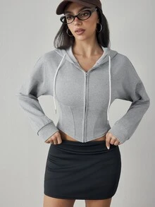 Cévolie Women's Solid Color Long Sleeve Zip-Up Hooded Drawstring Sports Jacket - Grey - View 4