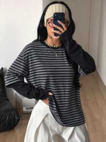 Coolane 女款條紋拼接 2 合 1 休閒日常 T 恤 - 黑色 - 查看 6